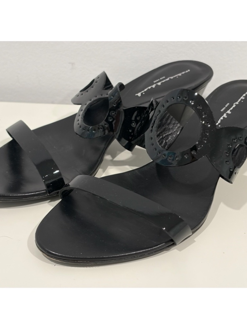 Women's Nadine + David Patent Leather Slip On Sandals Heels Size 8 M BLACK EU39